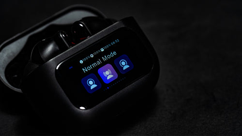 Duo Touch earbuds with screen showing smart controls 