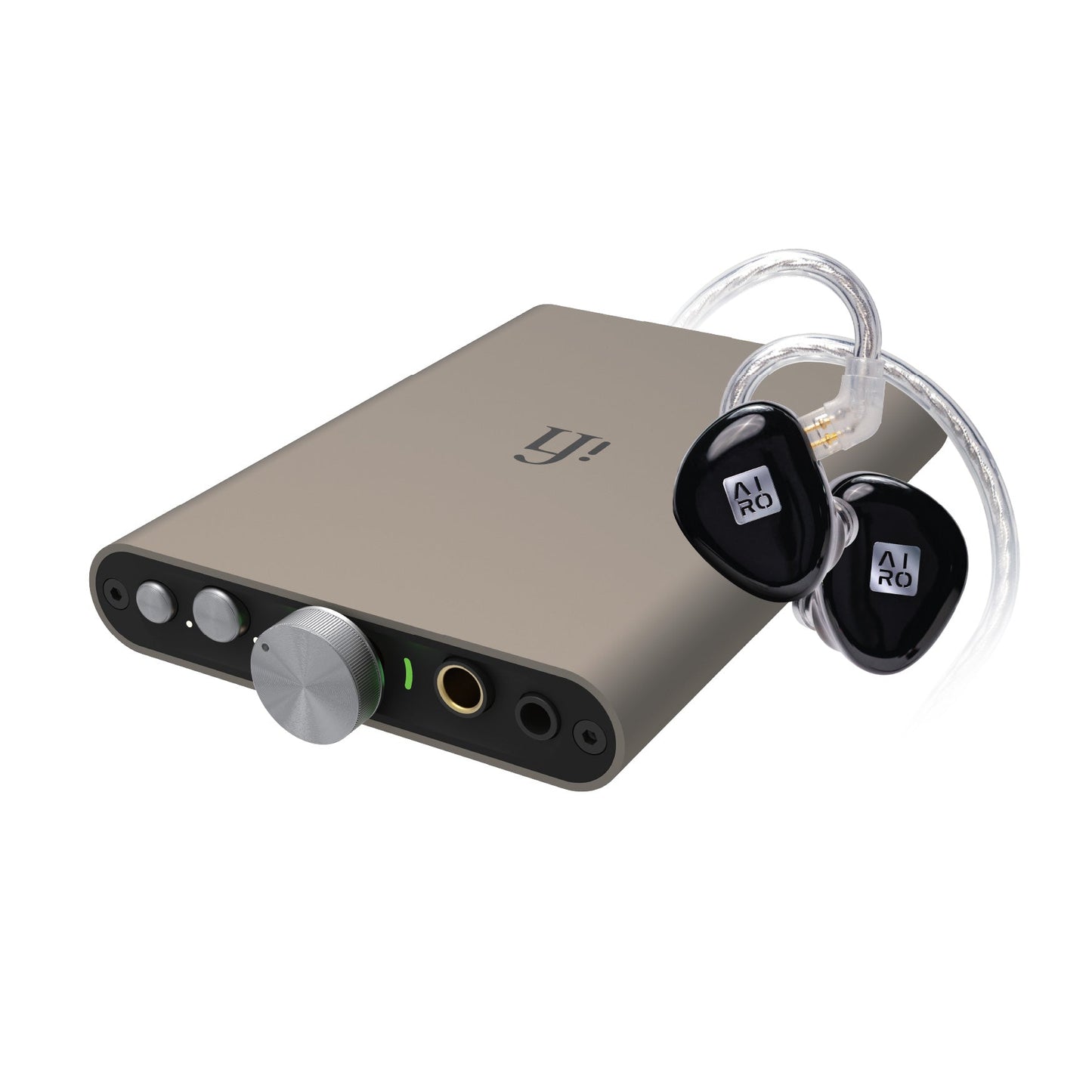 A portable audio device in a metallic taupe finish with a silver rotary knob, shown alongside two black in-ear earbuds with clear over-ear hooks on a plain white background.