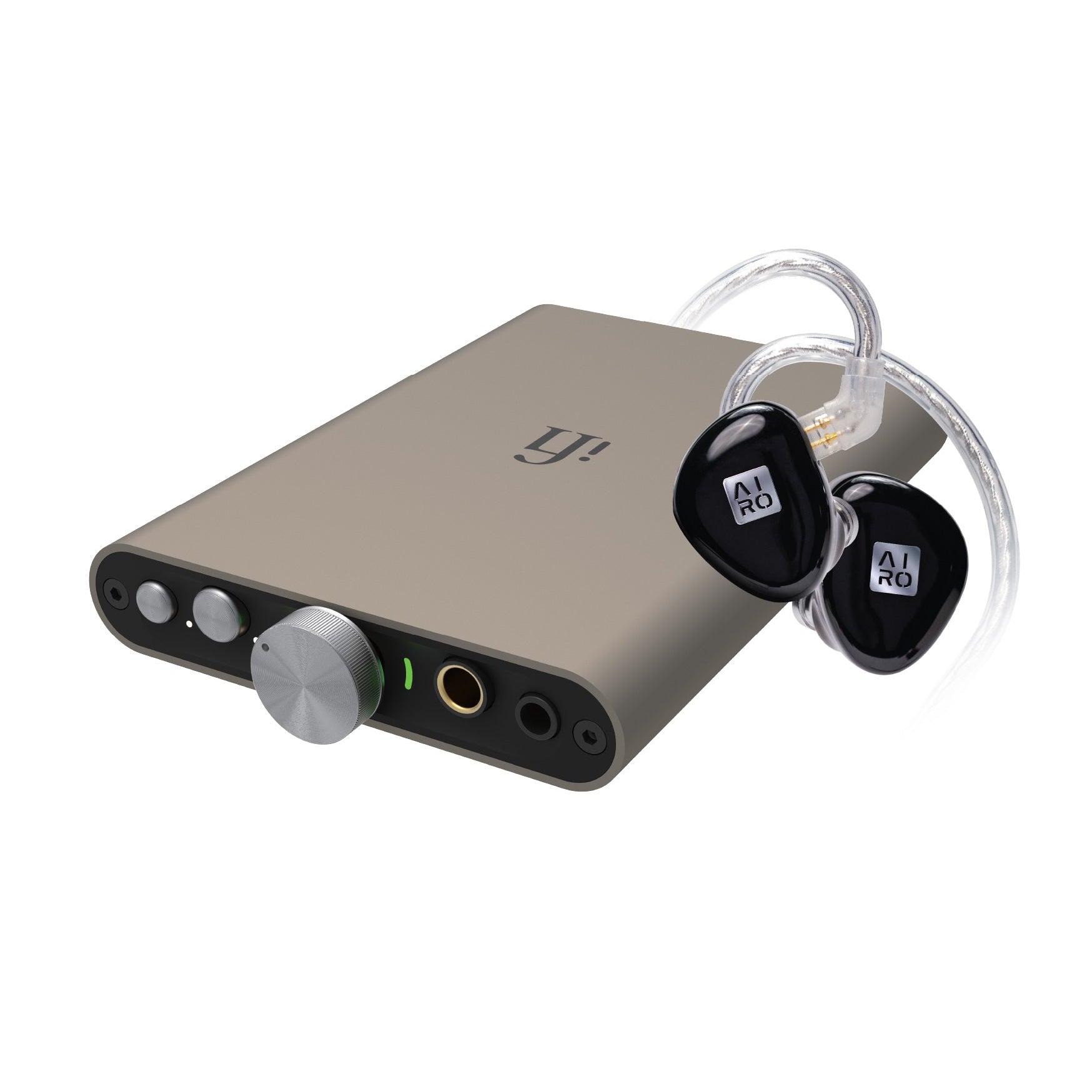 A portable audio device in a metallic taupe finish with a silver rotary knob, shown alongside two black in-ear earbuds with clear over-ear hooks on a plain white background.