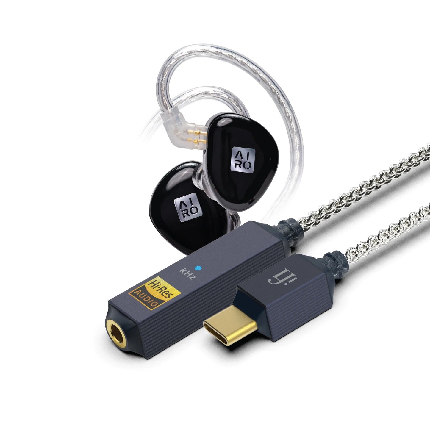 Audio adapter with microphone and clear cable on a white background